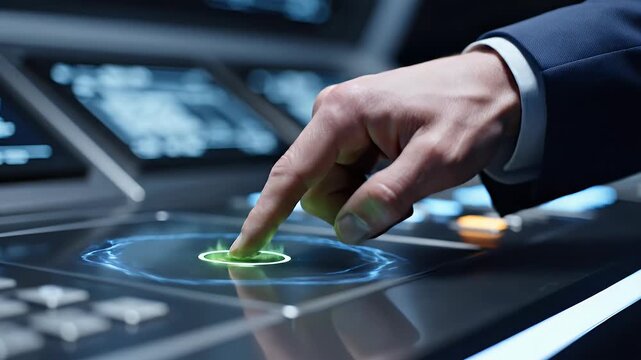 Close-up of a person in a suit jacket pressing a glowing blue button on a futuristic interface