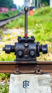 Close-up of a vintage railway switch mechanism on a concrete sleeper with blurred tracks in the background.