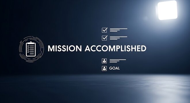 Mission Accomplished text with digital checklist and goal icons on dark professional background