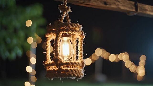 Illuminated lantern made of rope hanging from a wooden beam at night