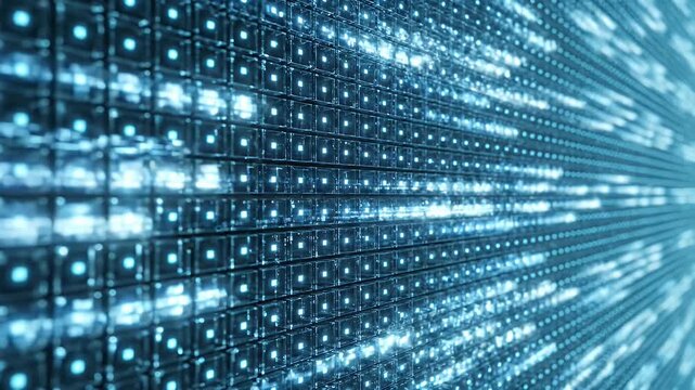 A vertical wall of tiny square modules glowing with blue digital light