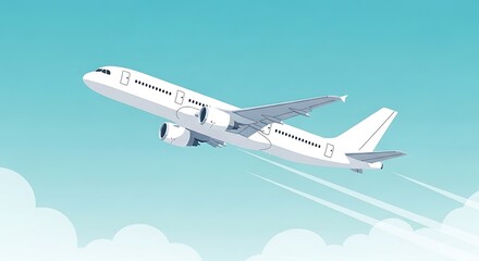 Fototapeta premium Modern White Airplane Ascending in a Cloudy Blue Sky
