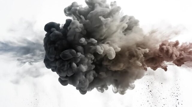 Explosion cloud of smoke and debris in the air, viewed from the side, showing turbulent motion and fragmented particles