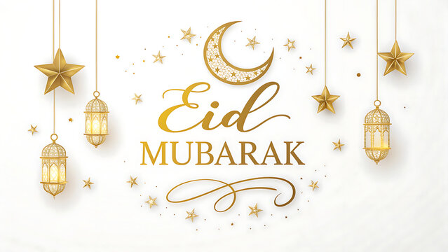 Golden Eid Mubarak Greeting Card with Crescent Moon, Lanterns, and Stars on White Background