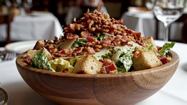 Crumbled bacon bits are scattered over a fresh Caesar salad