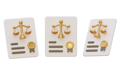 3D rendered legal certificate with gold justice scales and seal isolated