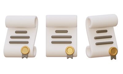 3D rendered set of legal scrolls with gold seals isolated