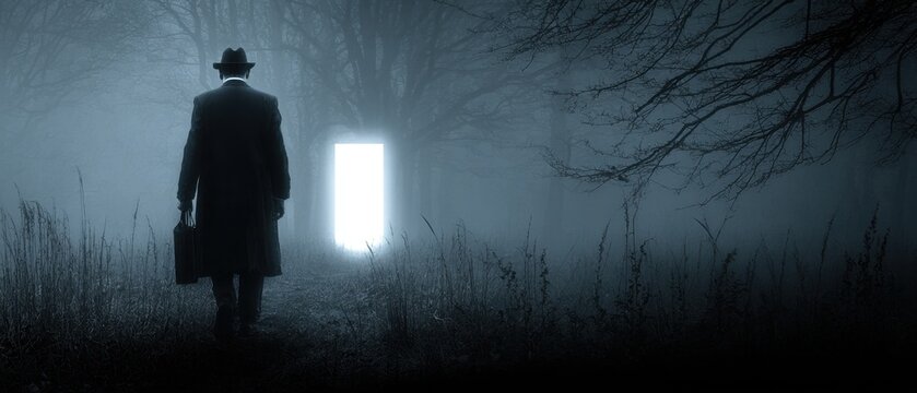 Man walking toward the mysterious glowing light, surrealism concept