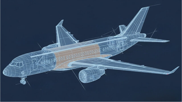Detailed vehicle autocad blueprint of an airplane in technical drawing format viewed from the side