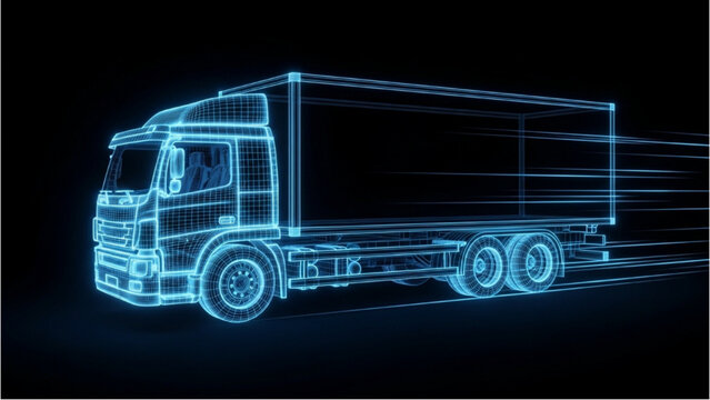 Detailed vehicle autocad blueprint of a semi-truck on a dark background from a three-quarter view