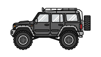 Detailed vehicle autocad blueprint of a rugged offroad SUV with spare tire and roof rack in a technical isometric view © Stock Image Paradise