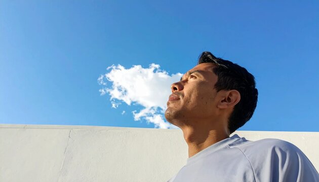 Man exhaling a cloud into the clear blue sky, symbolizing fresh air and freedom.