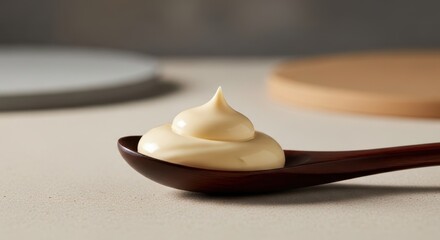 A rich dollop of creamy mayonnaise artfully swirled on a dark wooden spoon, ready to enhance culinary creations
