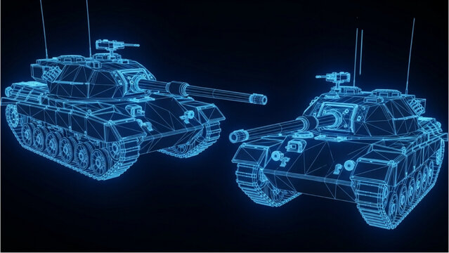 3D rendered vehicle autocad blueprint of two tanks in technical wireframe