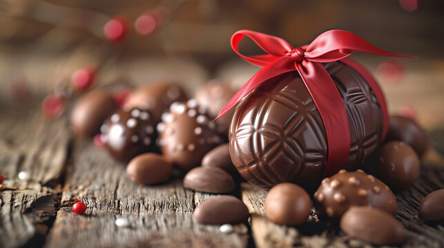 Rustic wooden background with chocolate Easter eggs, red ribbon decoration, for vintage holiday promo and food photography.
