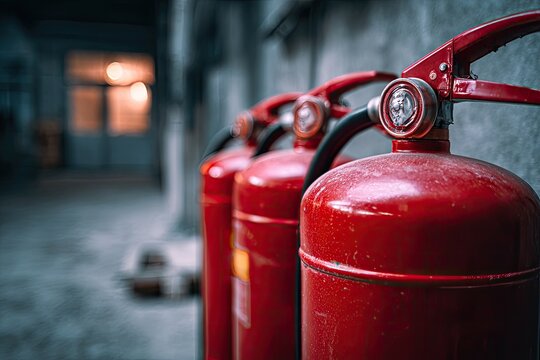Close-up of three fire extinguishers arranged in a row against a textured wall with a blurry background
