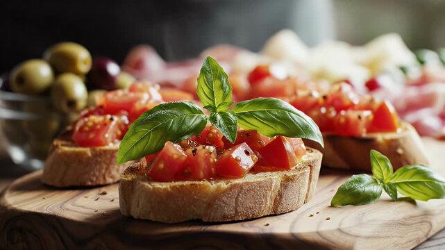 Delicious fresh bruschetta with tomato and basil elegantly plated