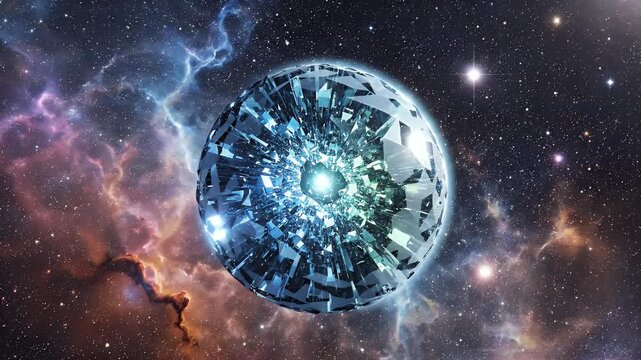 A luminous, multifaceted sphere floats in space amidst asteroids, nebulae, and countless stars