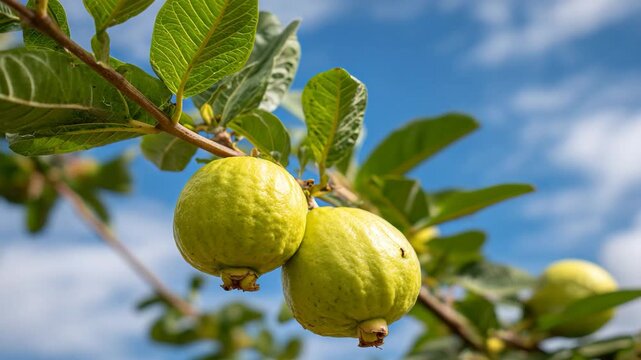 Fresh green guavas hanging from a tree branch with leaves and blue sky