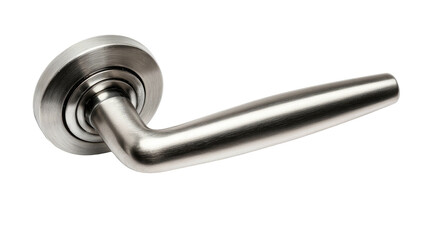 Polished, modern metal door handle, angled slightly, isolated against a solid black background
