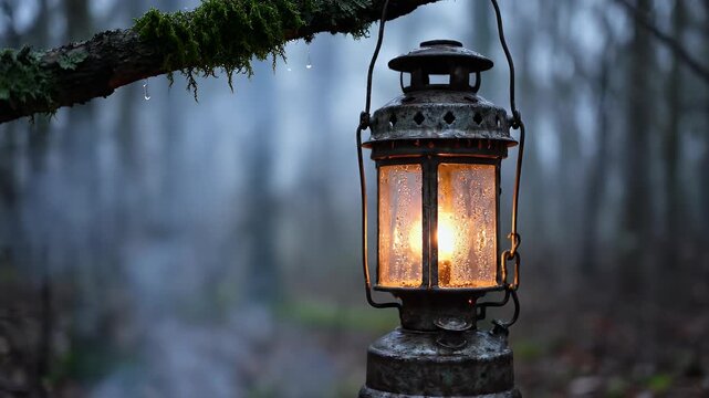 An old oil lantern with a warm glow hangs from a mossy branch in a foggy forest