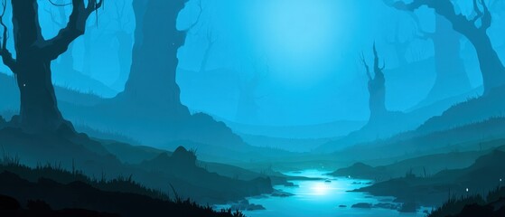 Naklejka premium Mystical forest scene with a flowing river bathed in blue light