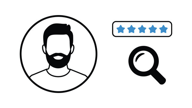 Business profile icon with rating stars and search symbol in flat design style