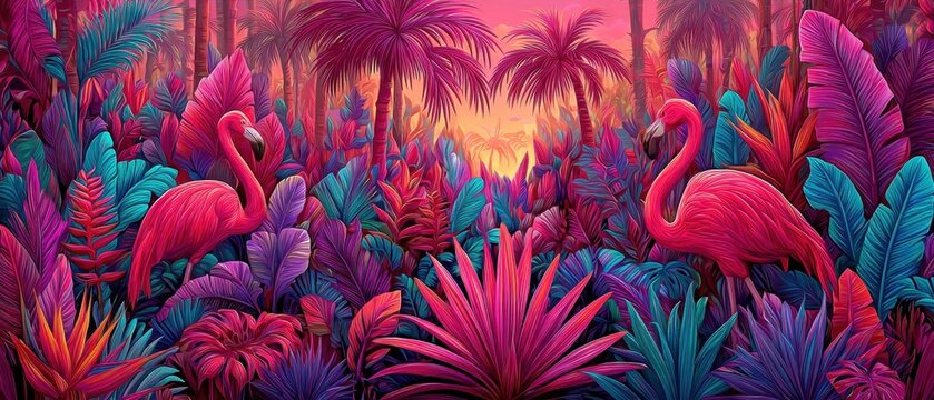 Vibrant flamingoes in a tropical forest scene