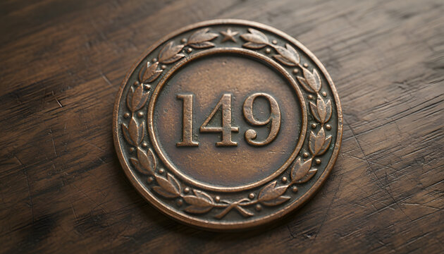 Vintage bronze medal with number 149 on wooden surface