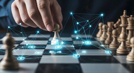 Strategic chess game with digital network overlay symbolizing artificial intelligence and data analysis in business decision making