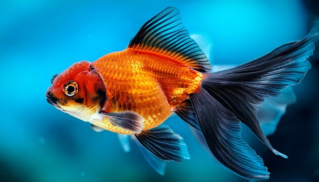 Close Up Of A Vibrant Orange And Black Goldfish Swimming In Clear Water