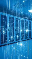 Futuristic data center with glowing blue digital network connections and server racks representing advanced technology and global connectivity