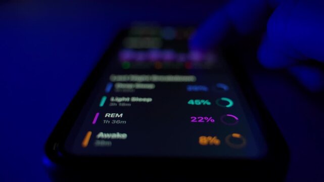 The mobile application shows statistics on the quality and quantity of sleep. The ratio of deep, superficial and REM sleep.