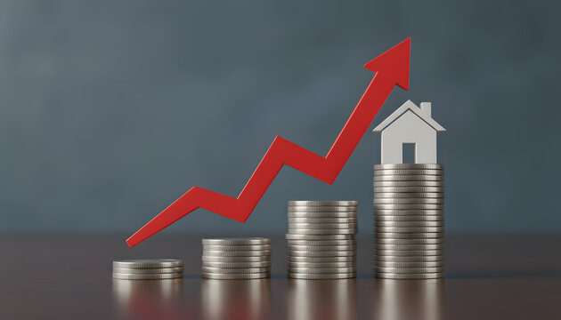 Rising housing market concept with growing coins and house