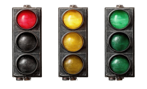 Three traffic lights, each illuminated with one color red, yellow, and green, black background