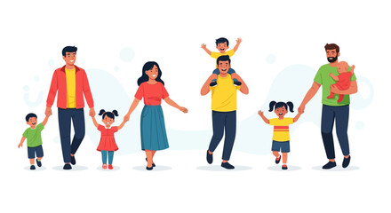 Fototapeta premium Happy families with children walking together parenting lifestyle illustration parents and kids bonding outdoor activity modern flat design isolated background