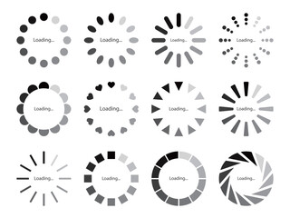 12種類のデザインのローディングマークのイラスト セット。モノクロのグラデーションの待機マークのアイコン。編集可能なベクター素材