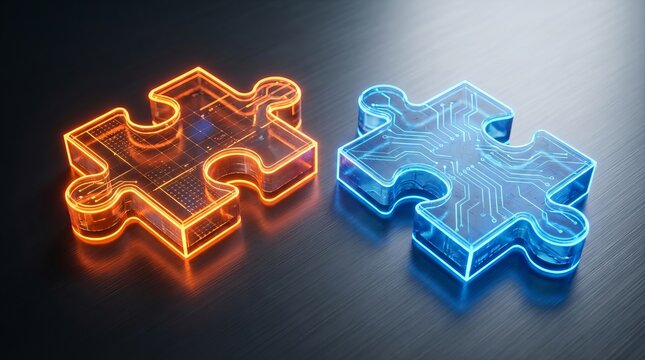 Technological jigsaw puzzle pieces with glowing circuit board patterns representing digital integration and innovation