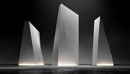 Three minimalist, abstract, and angular stone sculptures are illuminated in a dark, empty space