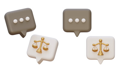 3D rendered speech bubbles and justice scales set isolated