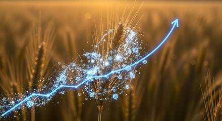 Naklejka premium Wheat field with glowing particles and an upward trending graph indicating growth and success in agriculture technology and finance