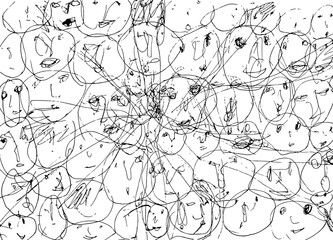 Obraz premium Hand drawn many overlapping faces and people with diverse expressions for social community background
