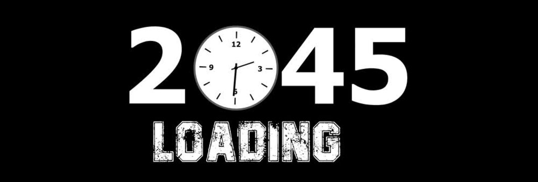 2045 New Year Loading Concept Animation with Analog Clock Face, Futuristic Countdown Time Progress on Black Background