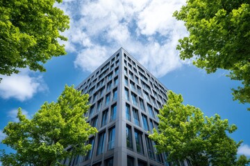 Obraz premium Modern high-rise building under a partly cloudy sky, framed by vibrant green tree foliage