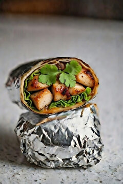 Fresh gourmet chicken burrito wrap with herbs and vegetables in foil on marble table for healthy lunch or dinner
