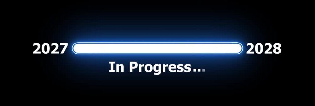 Year 2027 to 2028 Loading Progress Bar Animation on Black Background for Future Concept.