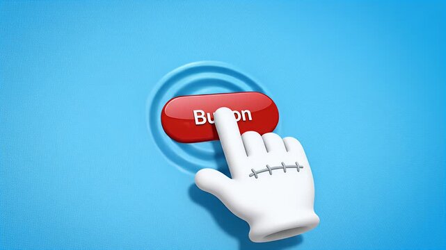 White cartoon hand cursor presses a red button with the word "Buon" on a blue textured background