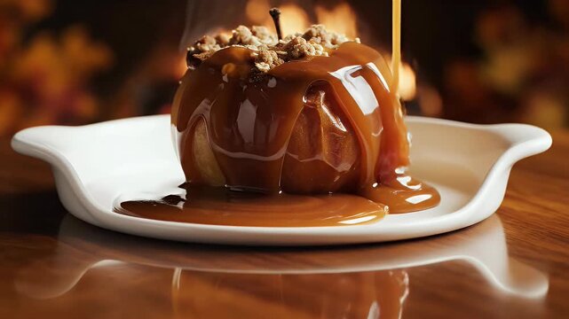 Warm baked apple dessert being topped with golden caramel sauce