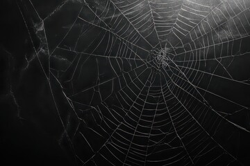 Obraz premium Spiderweb Dewdrops Hanging Against a Dark Backdrop Showing Intricate Geometric Details in Overhead Lighting Reflecting Softly Creating a Mesmerizing Effect