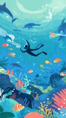 Obraz premium Scuba Diver Explores Coral Reef With Dolphins